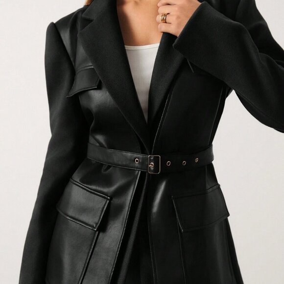Women's Lapel Neck Long Sleeve Fabric & faux leather mix Blazer Jacket Black - Picture 8 of 8